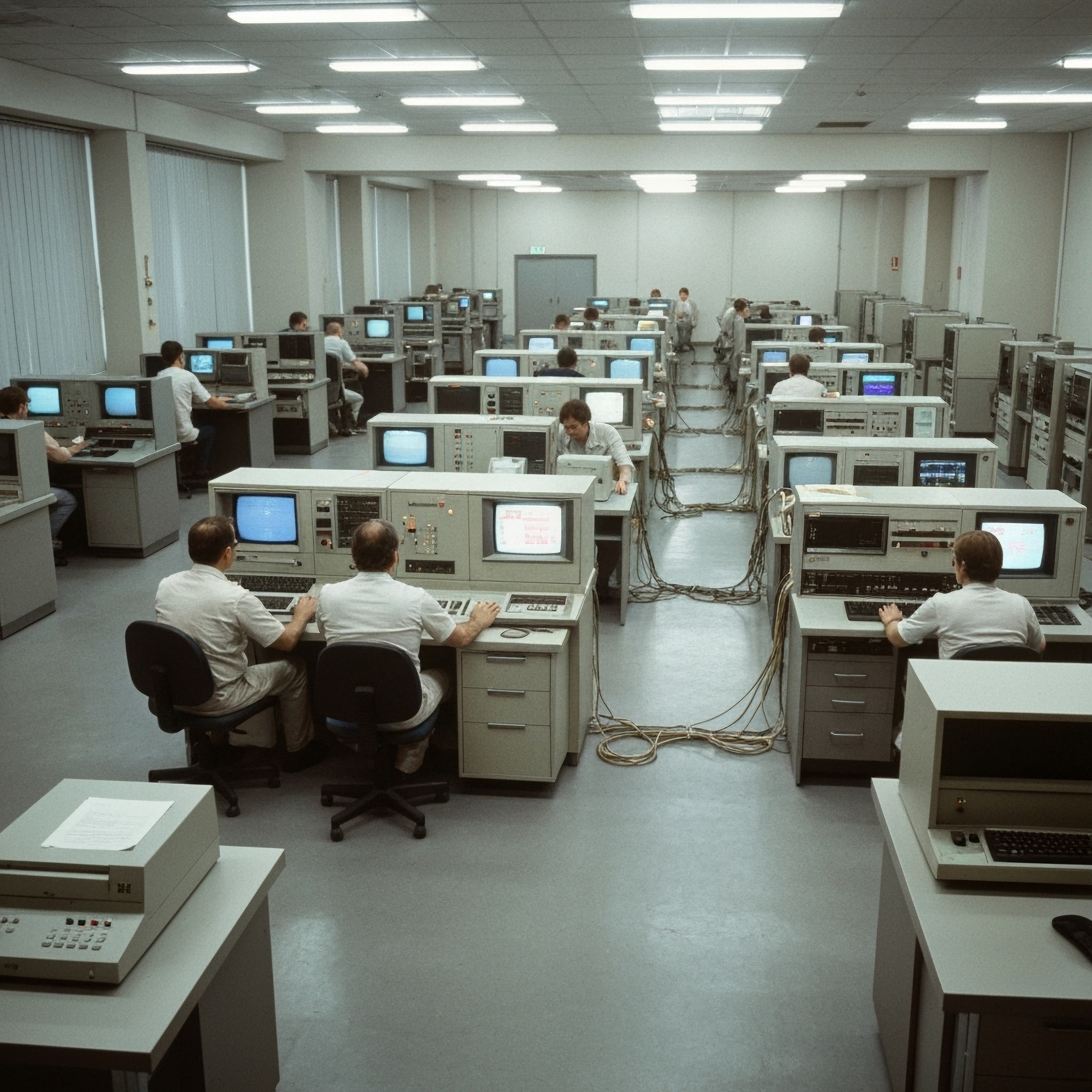 Long rows of vintage computer terminals in an enterprise data center
